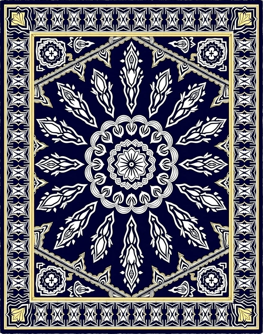 Midnight Blue White Golden Medallion Rug
