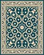 Teal Cream Floral Arabesque Frame Rug