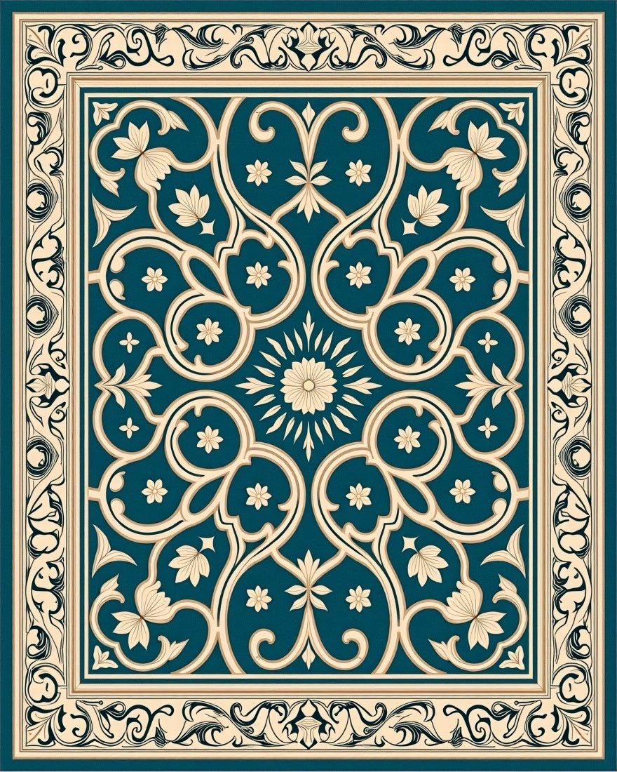 Teal Cream Floral Arabesque Frame Rug