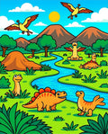 Prehistoric Dino River Landscape Scene Rug