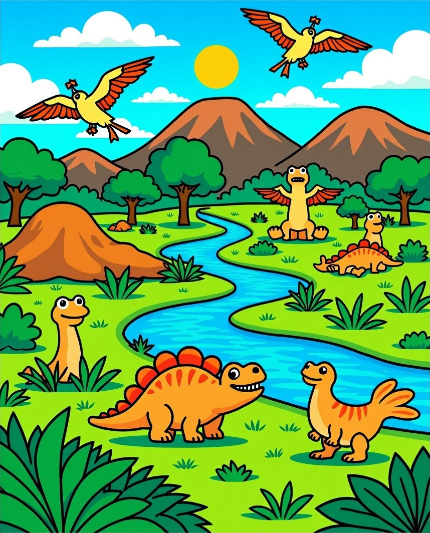 Prehistoric Dino River Landscape Scene Rug