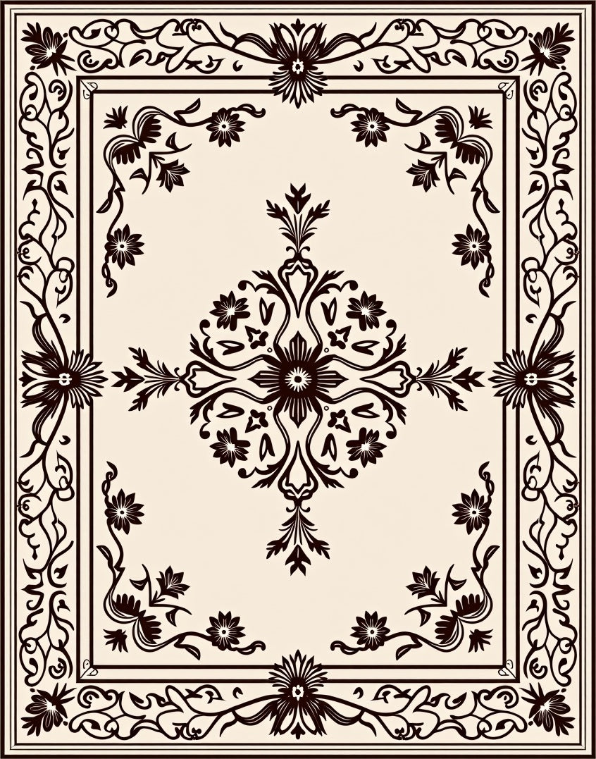 Ornate Black Floral Palmette Scroll Rug