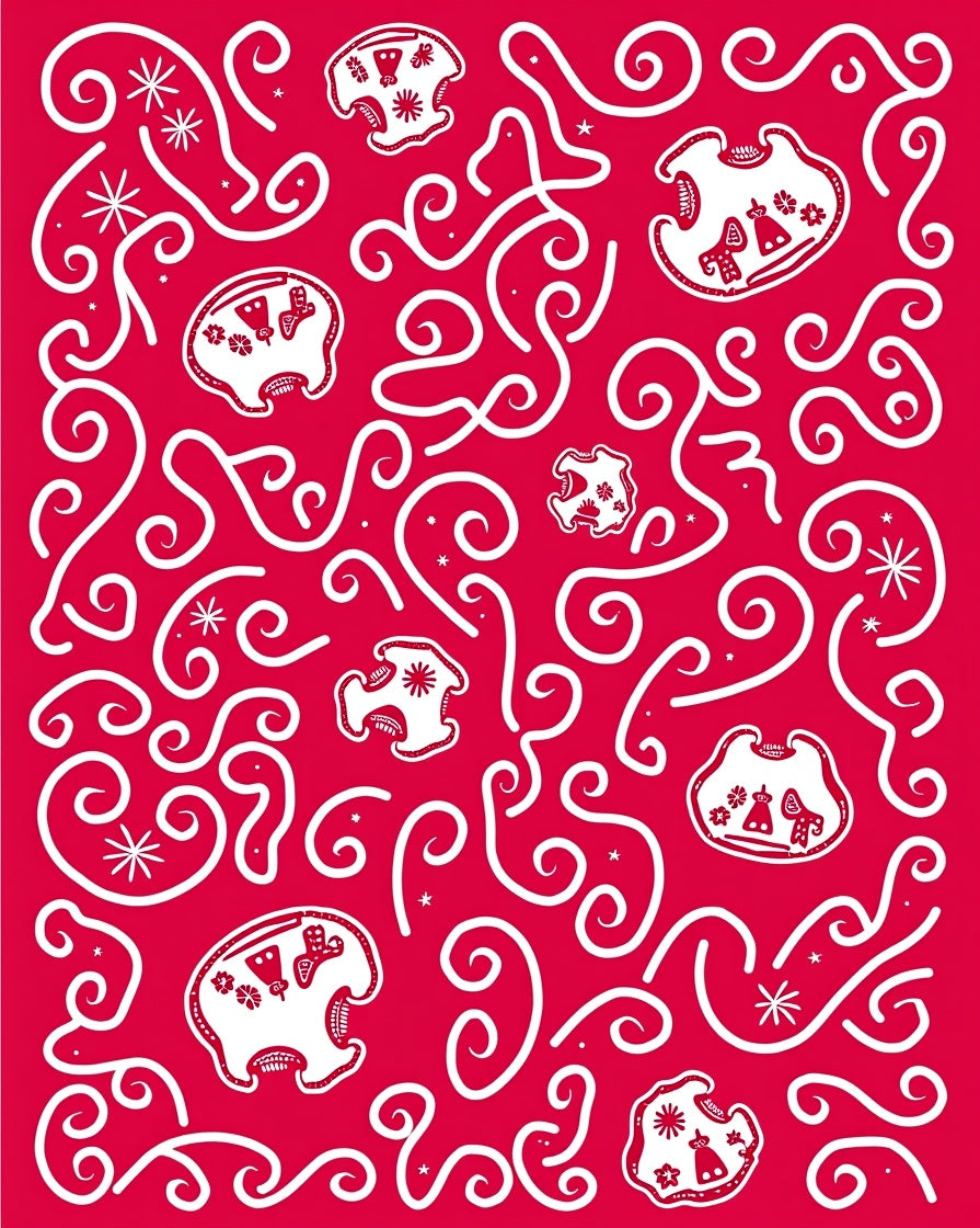 Crimson White Folk Art Whimsical Creatures Rug