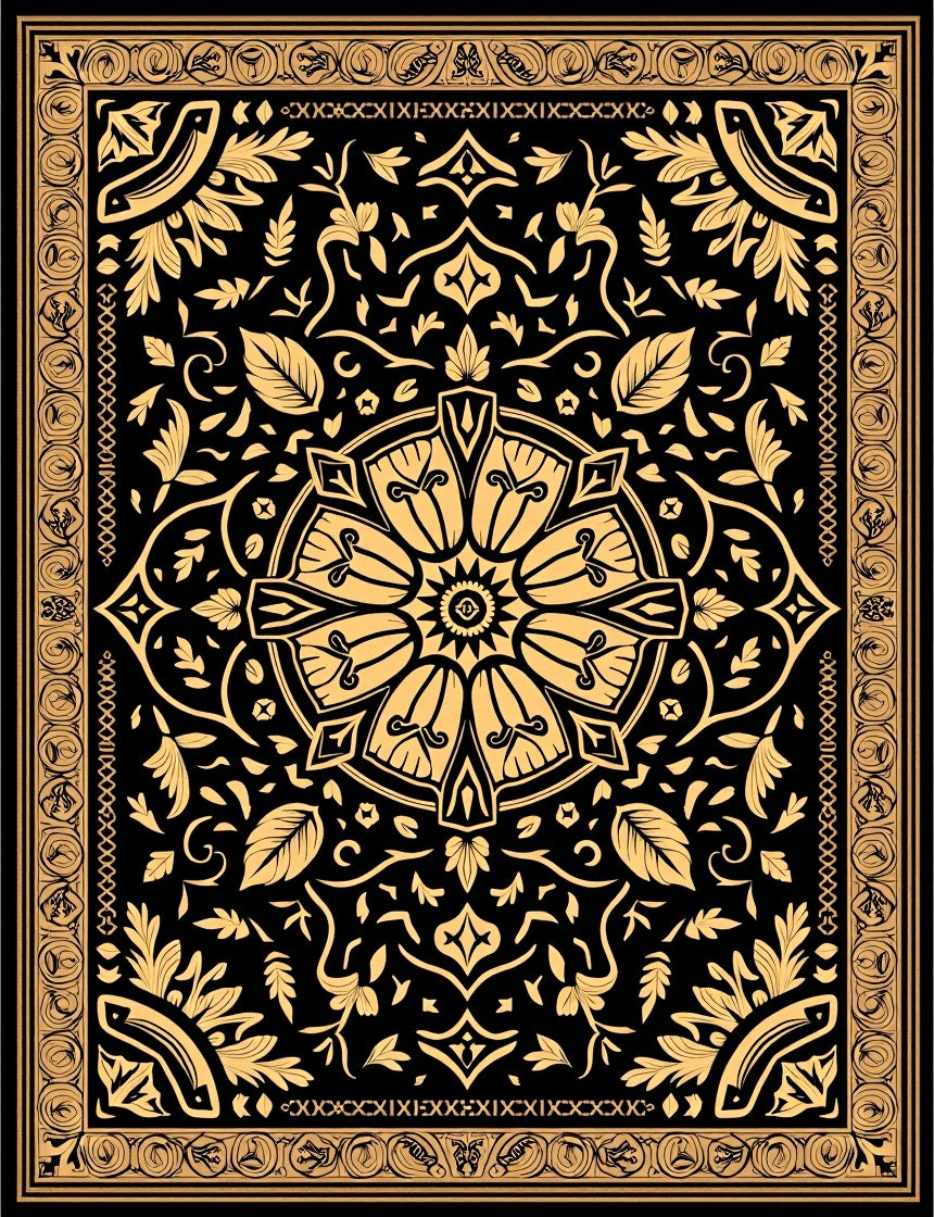 Ornate Black and Gold Floral Medallion Rug