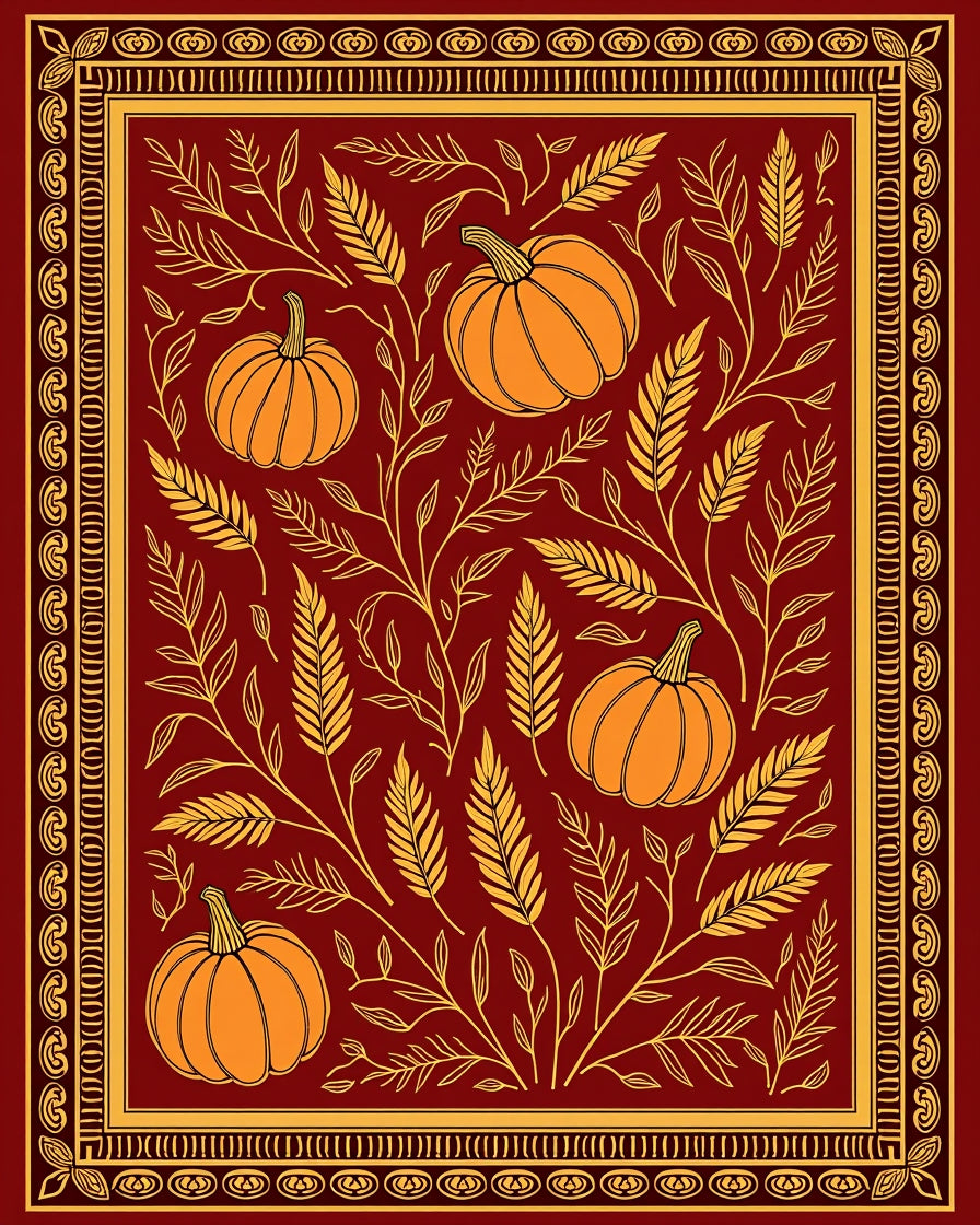 Autumn Pumpkin Foliage Scrollwork Border Rug