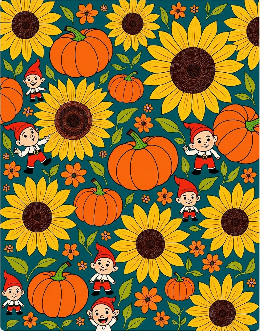 Whimsical Gnomes Sunflowers Pumpkins Teal Rug