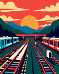 Retro Train Tracks Sunset Landscape Rug