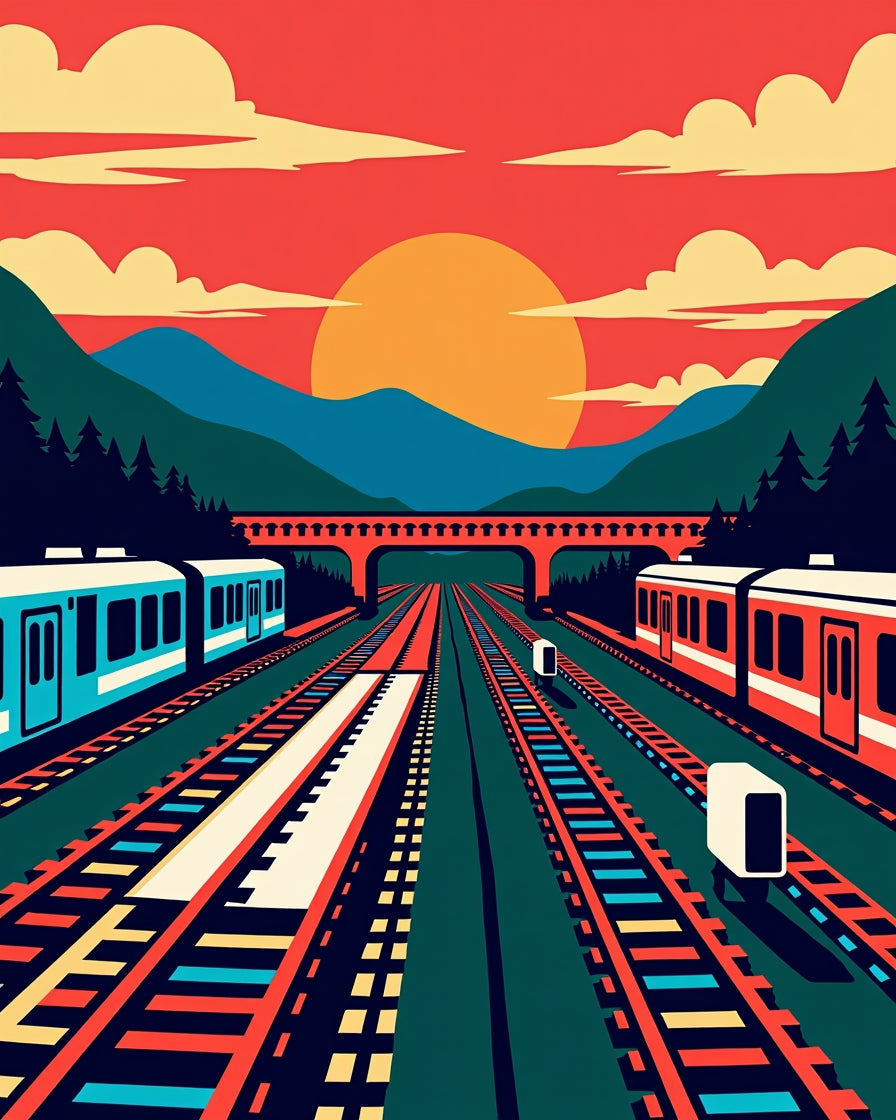 Retro Train Tracks Sunset Landscape Rug