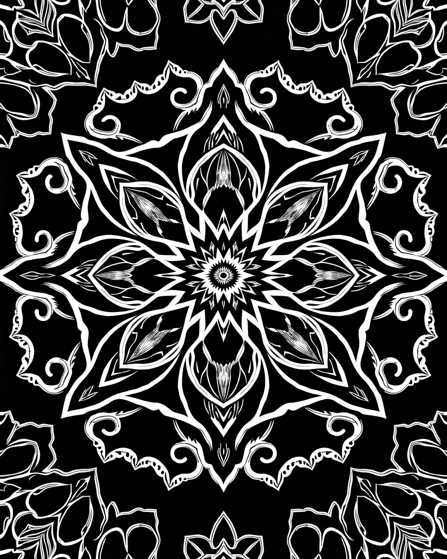 Ornate White Black Mandala Blossom Rug