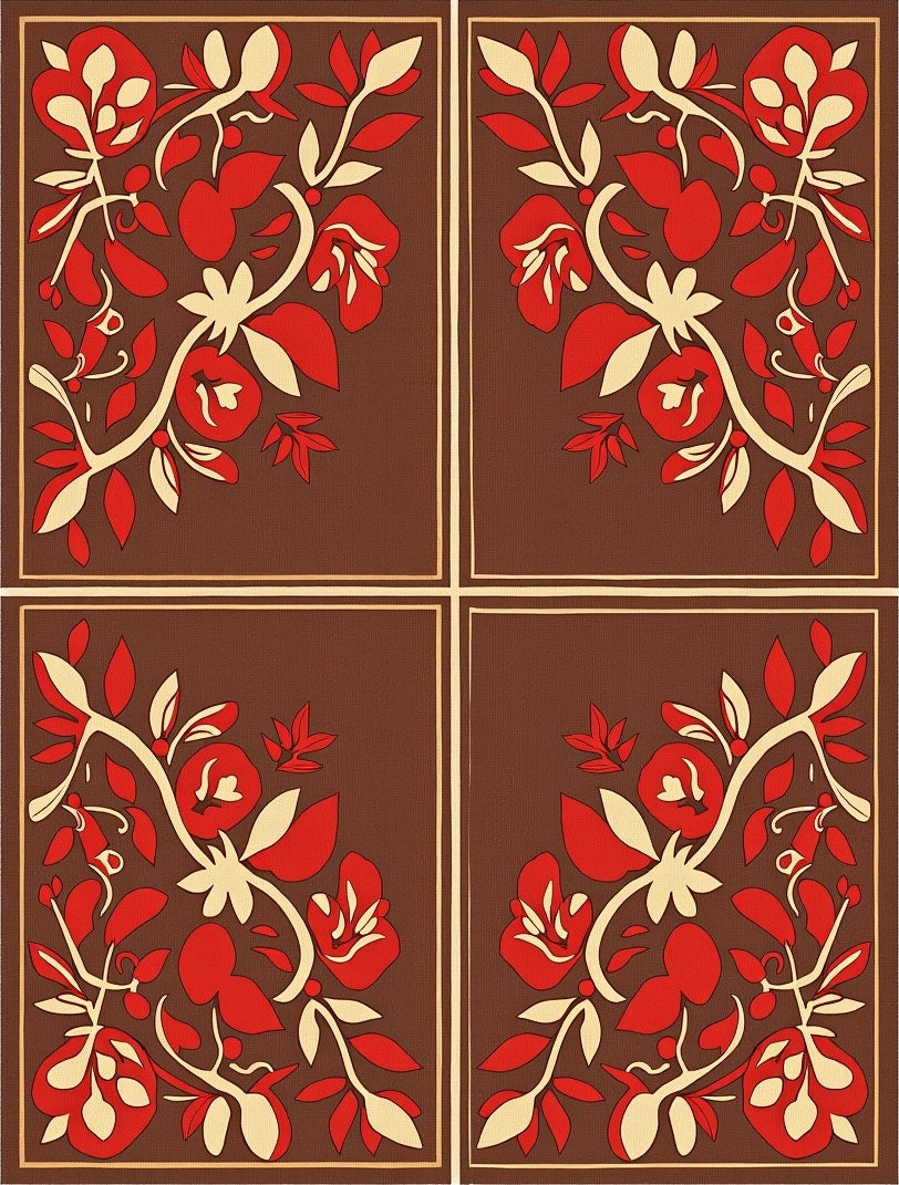 Brown Red Floral Vine Corner Arrangement Rug