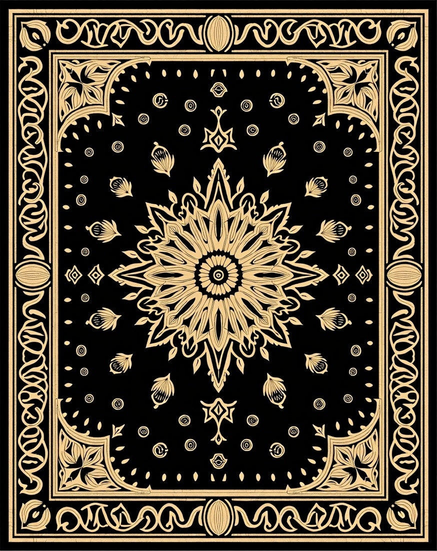 Black Gold Medallion Floral Border Rug