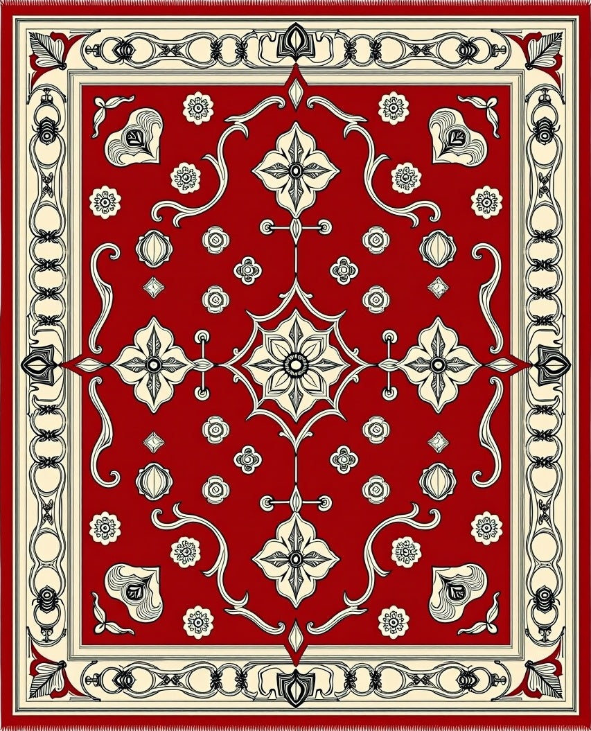 Crimson Red Cream Floral Medallion Square Rug