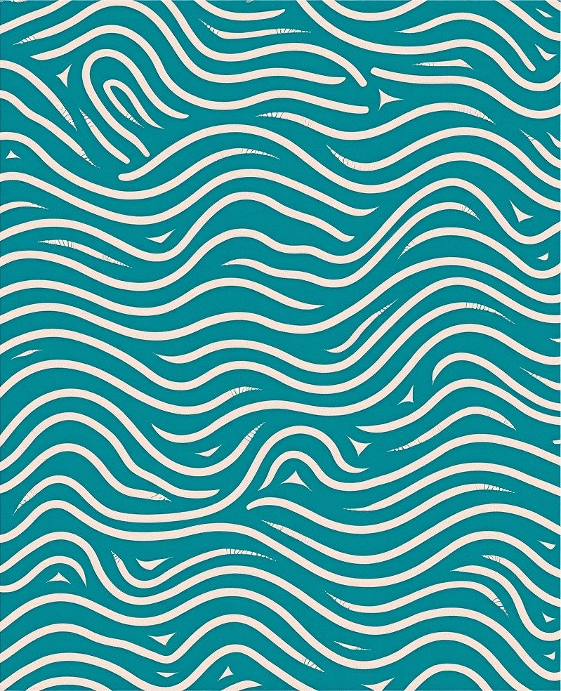 Deep Teal Cream Wavy Lines Rug