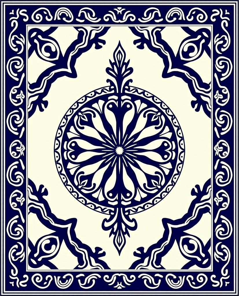 Deep Blue Ornate Medallion Border Rug