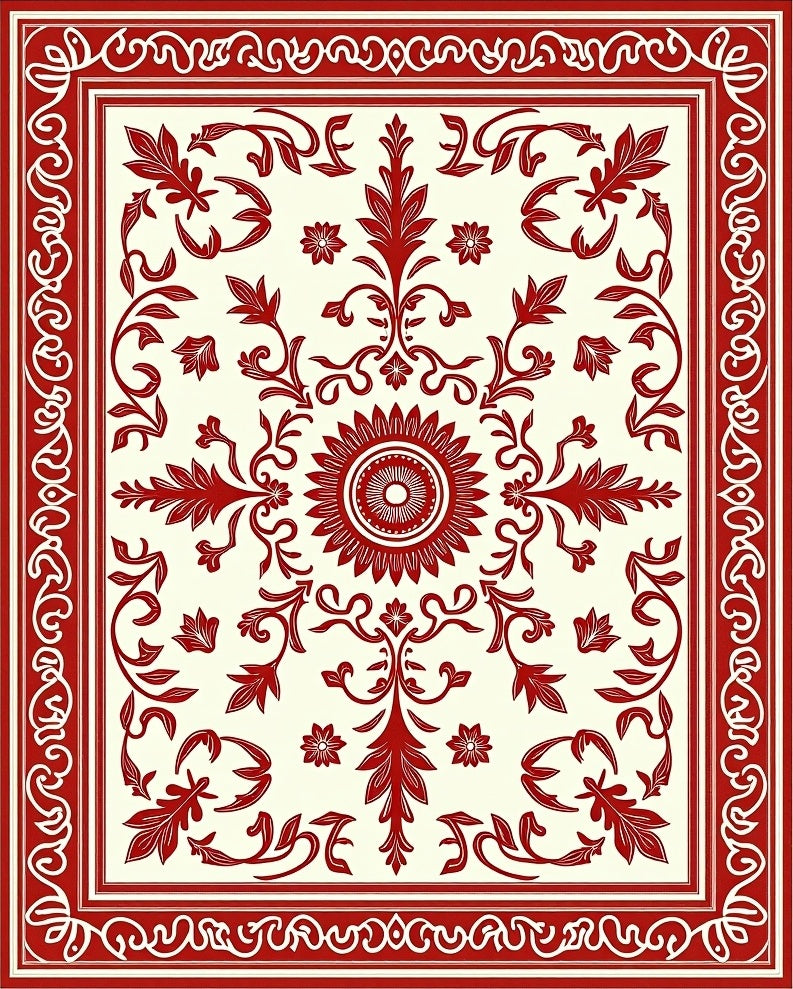 Ornate Red Leaf Garland Art Rug
