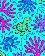 Whimsical Teal Sea Turtle Coral Reef Rug