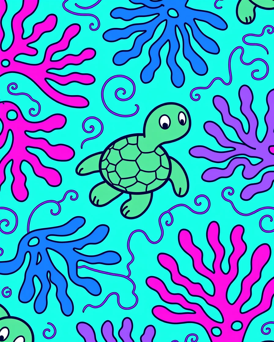 Whimsical Teal Sea Turtle Coral Reef Rug