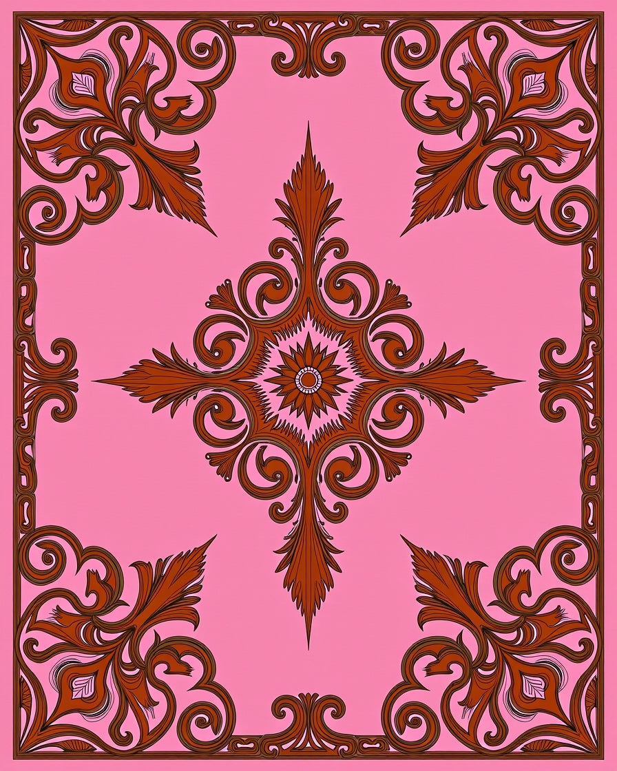 Pink Brown Floral Medallion Square Rug