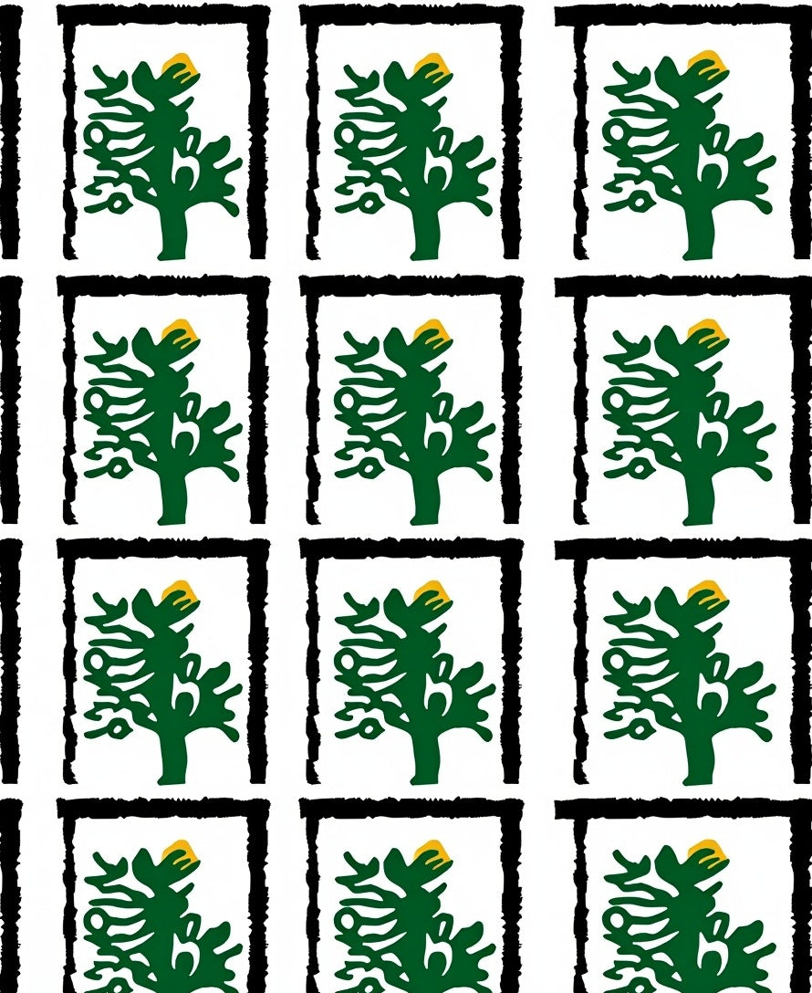 Green Tree Yellow Sun Black Frame Rug