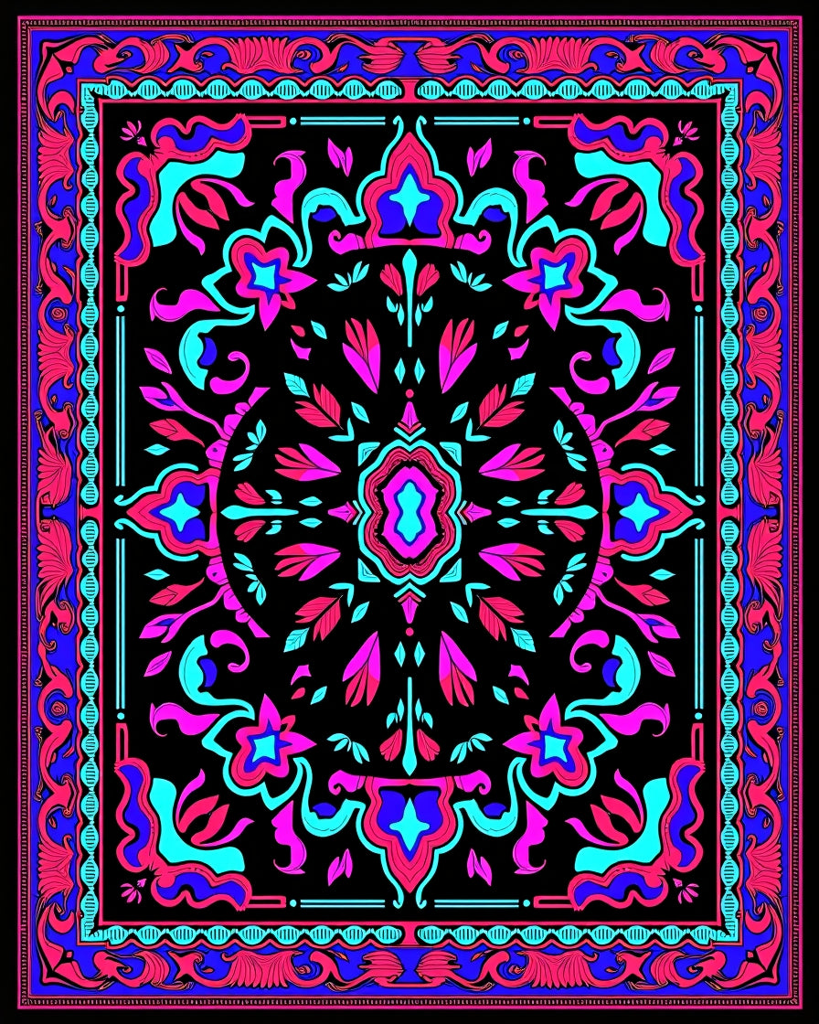 Vibrant Magenta Blue Floral Mandala Rug