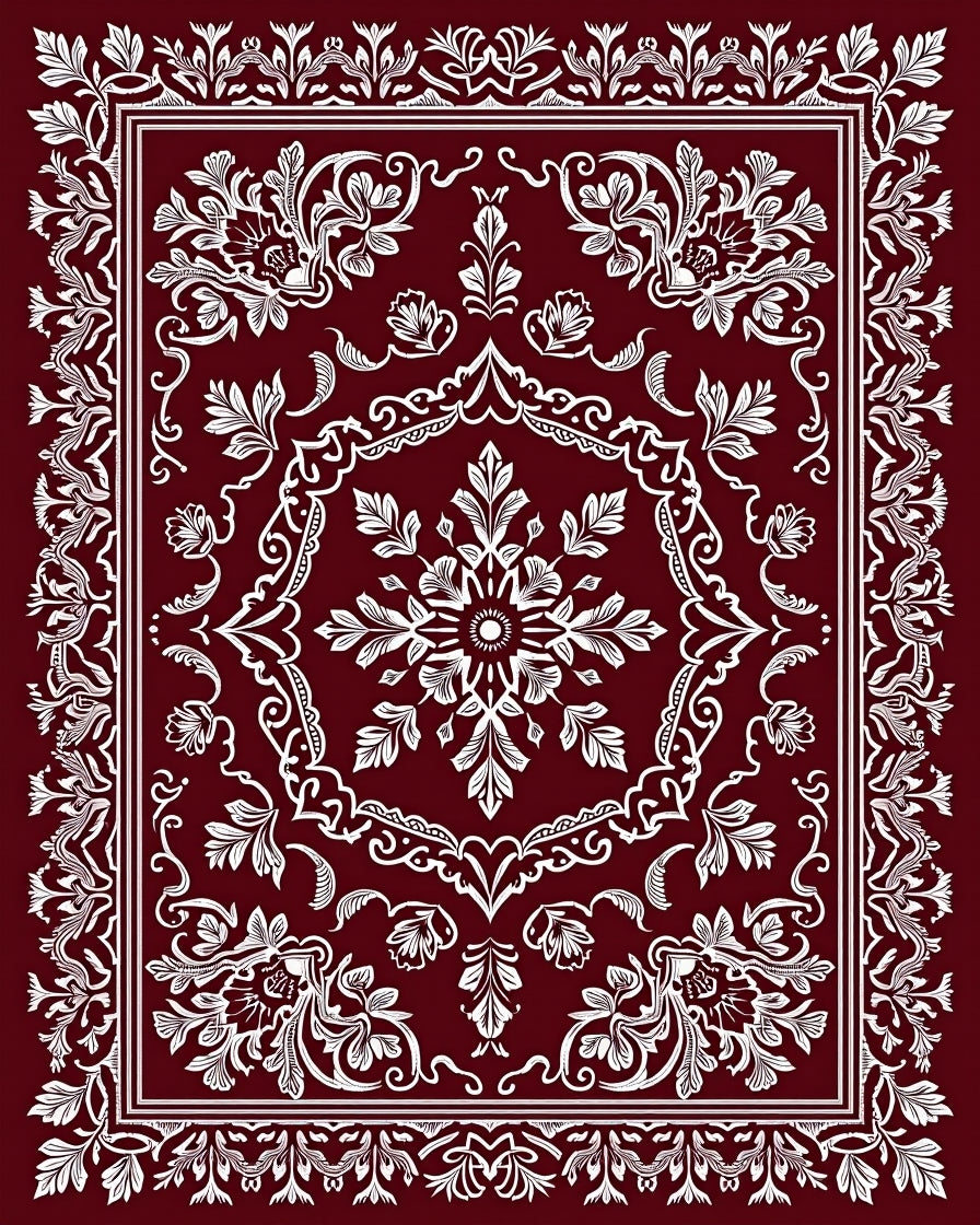 Crimson Ornate Floral Scrollwork Rug