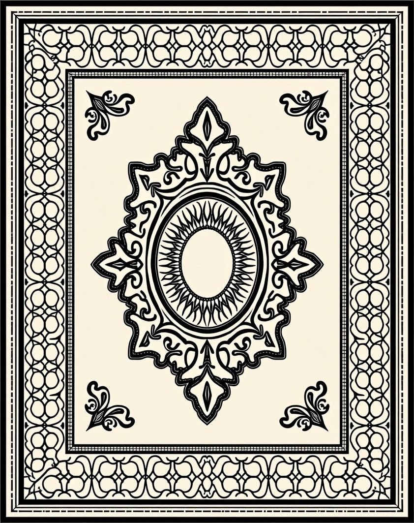Cream Black Ornate Medallion Border Rug