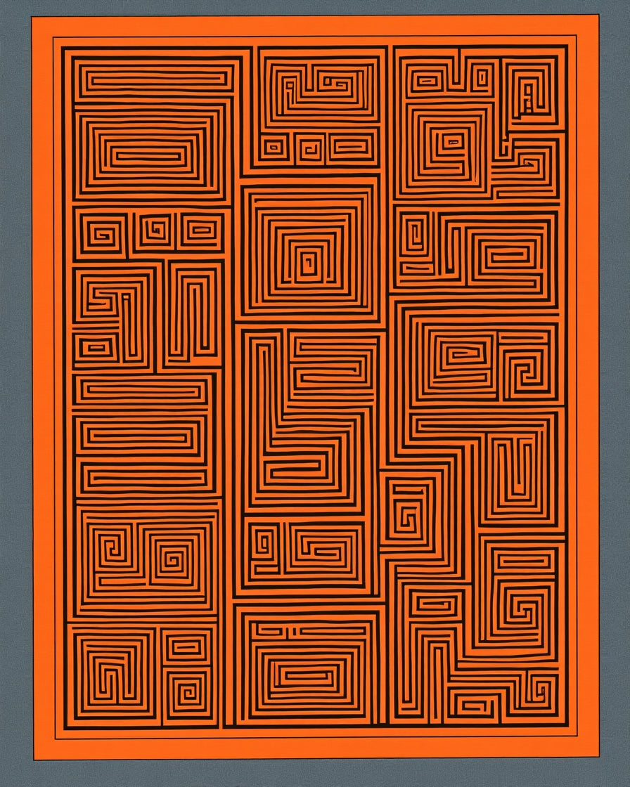 Orange Black Geometric Maze Rug