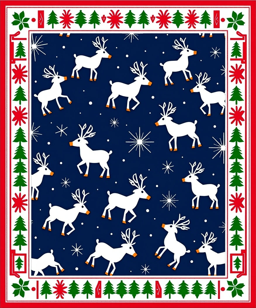 White Reindeer Festive Navy Christmas Border Rug