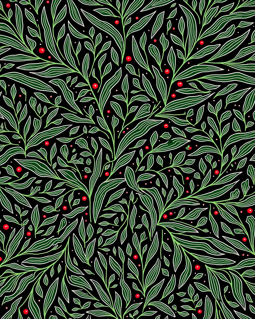 Emerald Green Leafy Vine Red Berries Rug