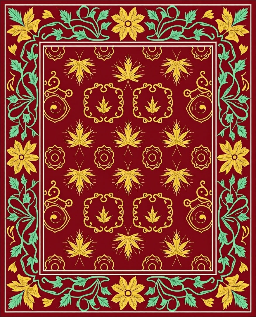 Regal Crimson Floral Vine Border Rug