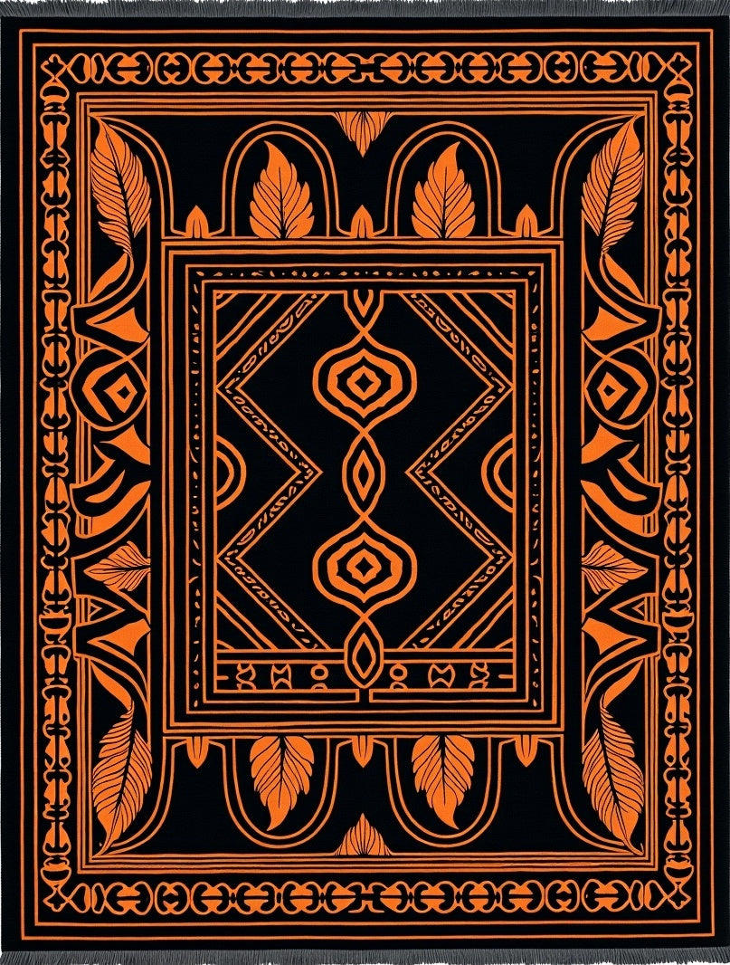 Black Orange Art Deco Feather Medallion Rug