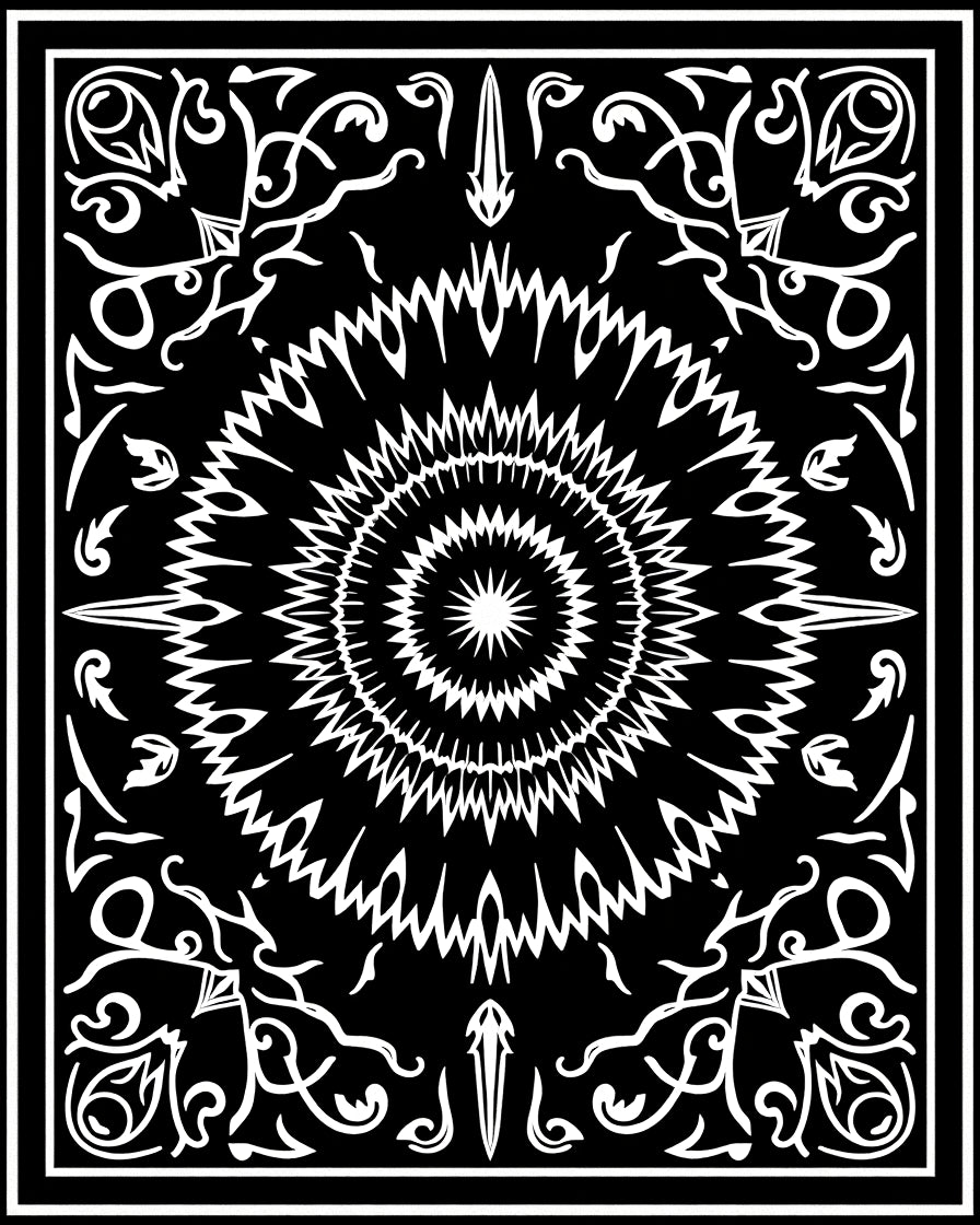 Black White Radial Sunburst Scrollwork Ornament Rug
