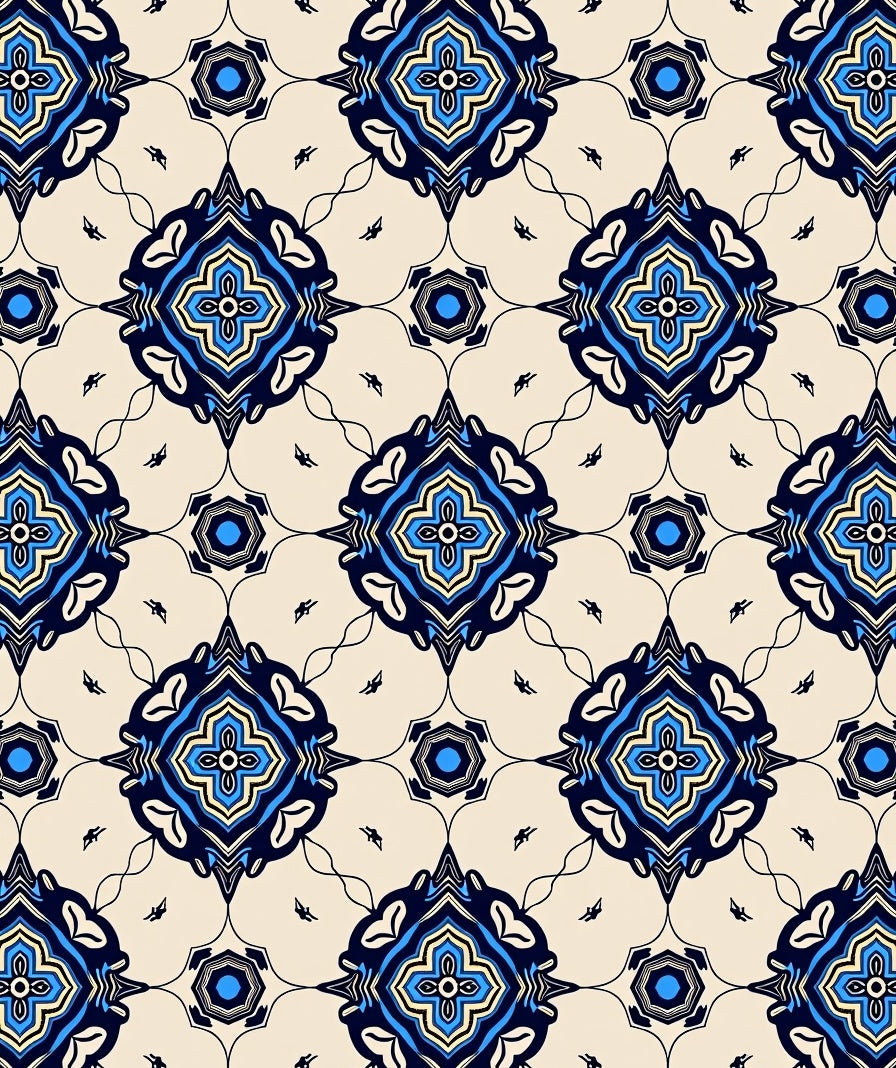 Navy Blue Yellow Quatrefoil Medallion Rug