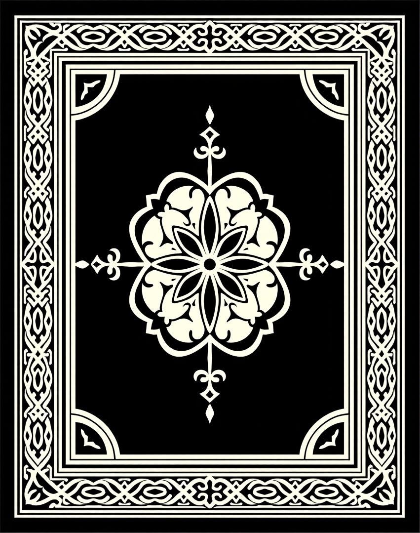 Black and Ivory Intricate Floral Medallion Frame Rug