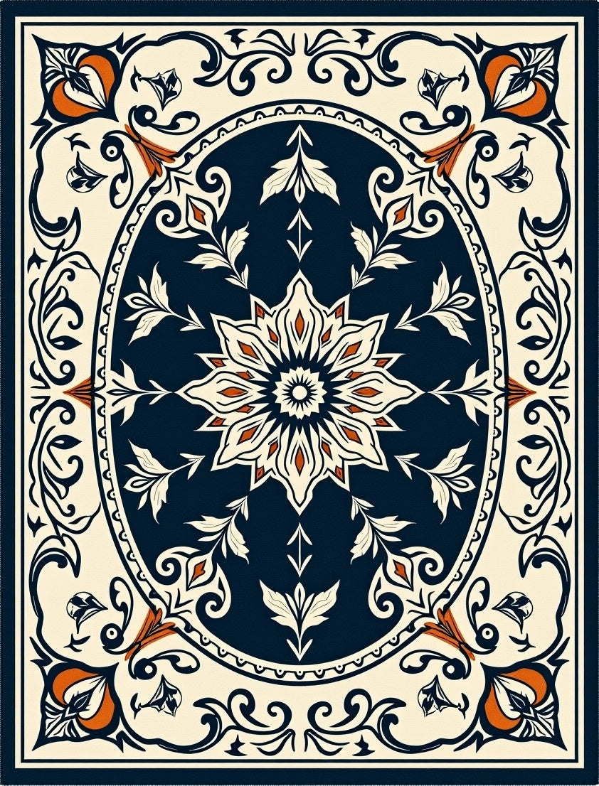 Ornate Navy Cream Coral Floral Oval Rug