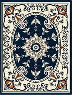 Ornate Navy Cream Coral Floral Oval Rug