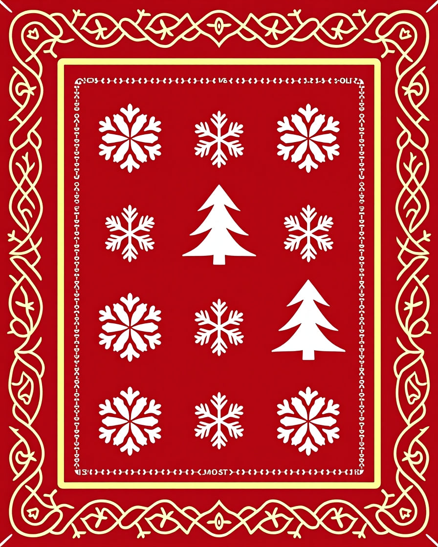 Red White Snowflake Christmas Tree Border Rug