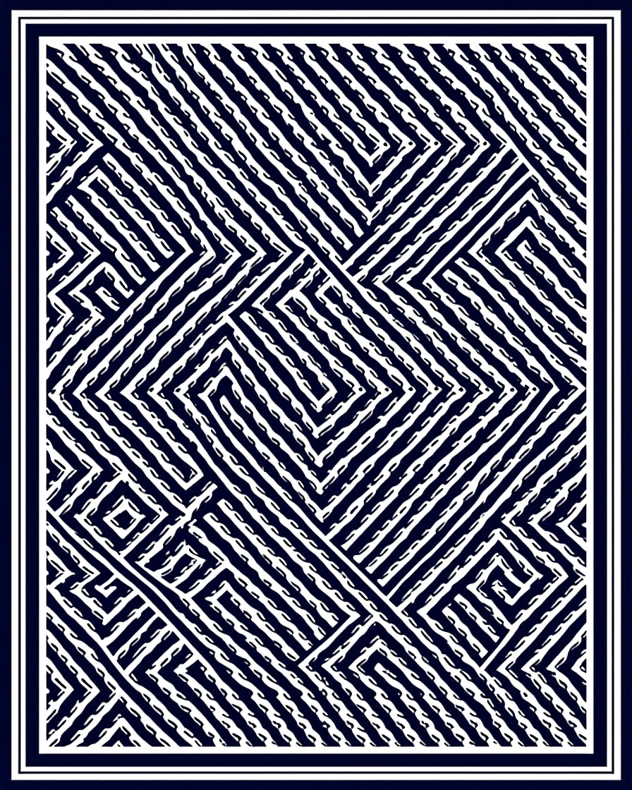 Navy White Geometric Maze Rug