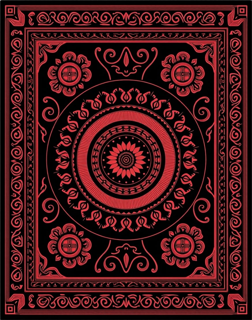 Crimson Intricate Mandalas Bordered Rug