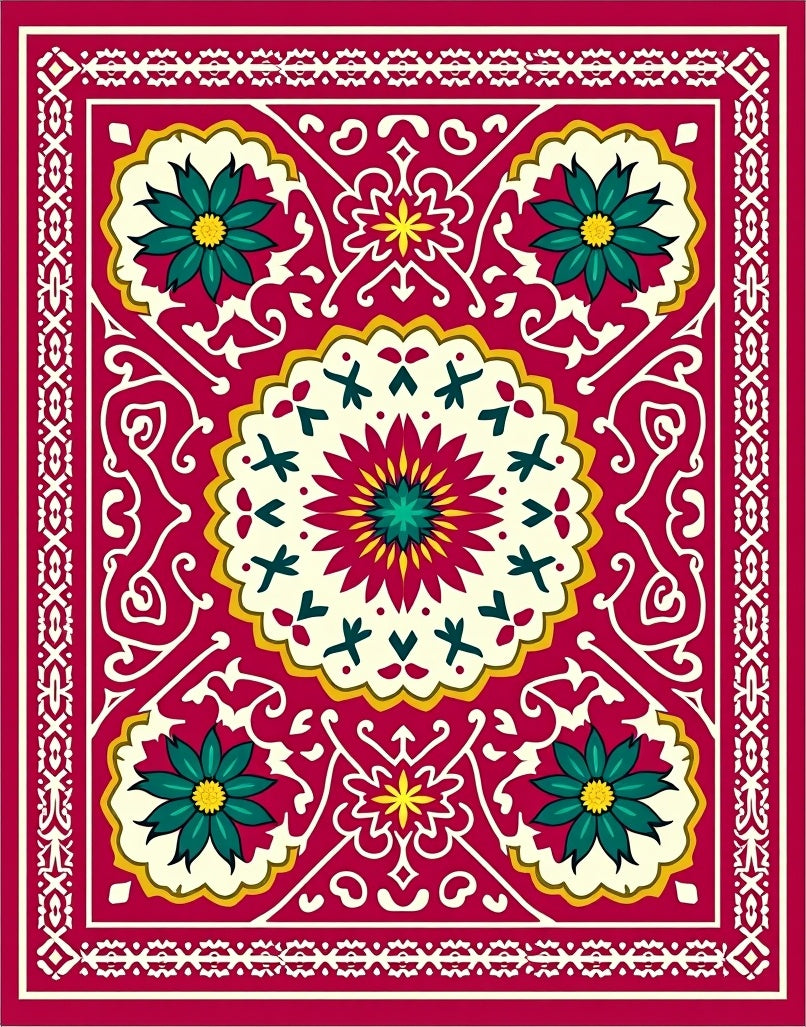 Crimson Teal Floral Medallion Border Rug