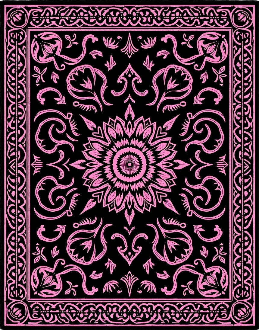 Black Pink Floral Medallion Rug
