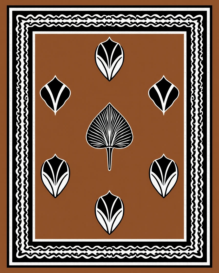 Rich Brown Botanical Leaf Arrangement Rug