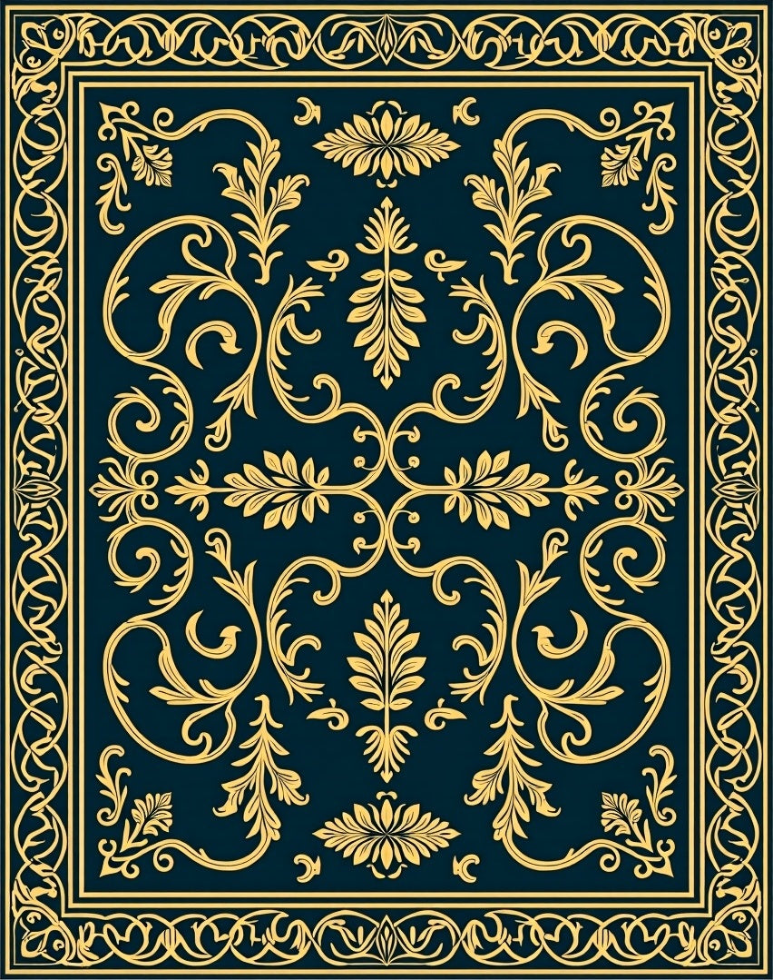 Golden Floral Swirl Navy Blue Rug