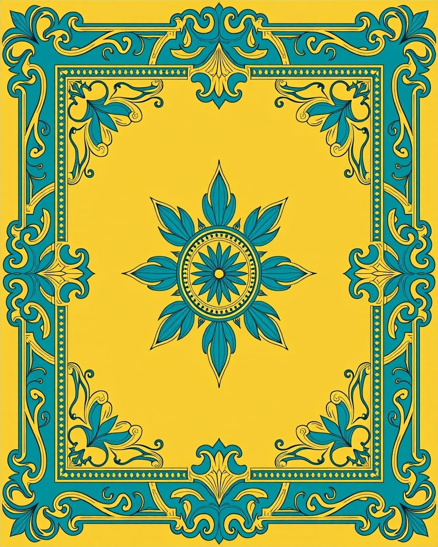 Golden Turquoise Floral Medallion Border Rug