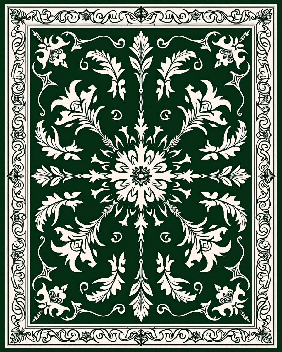 Emerald Green Floral Medallion Border Rug