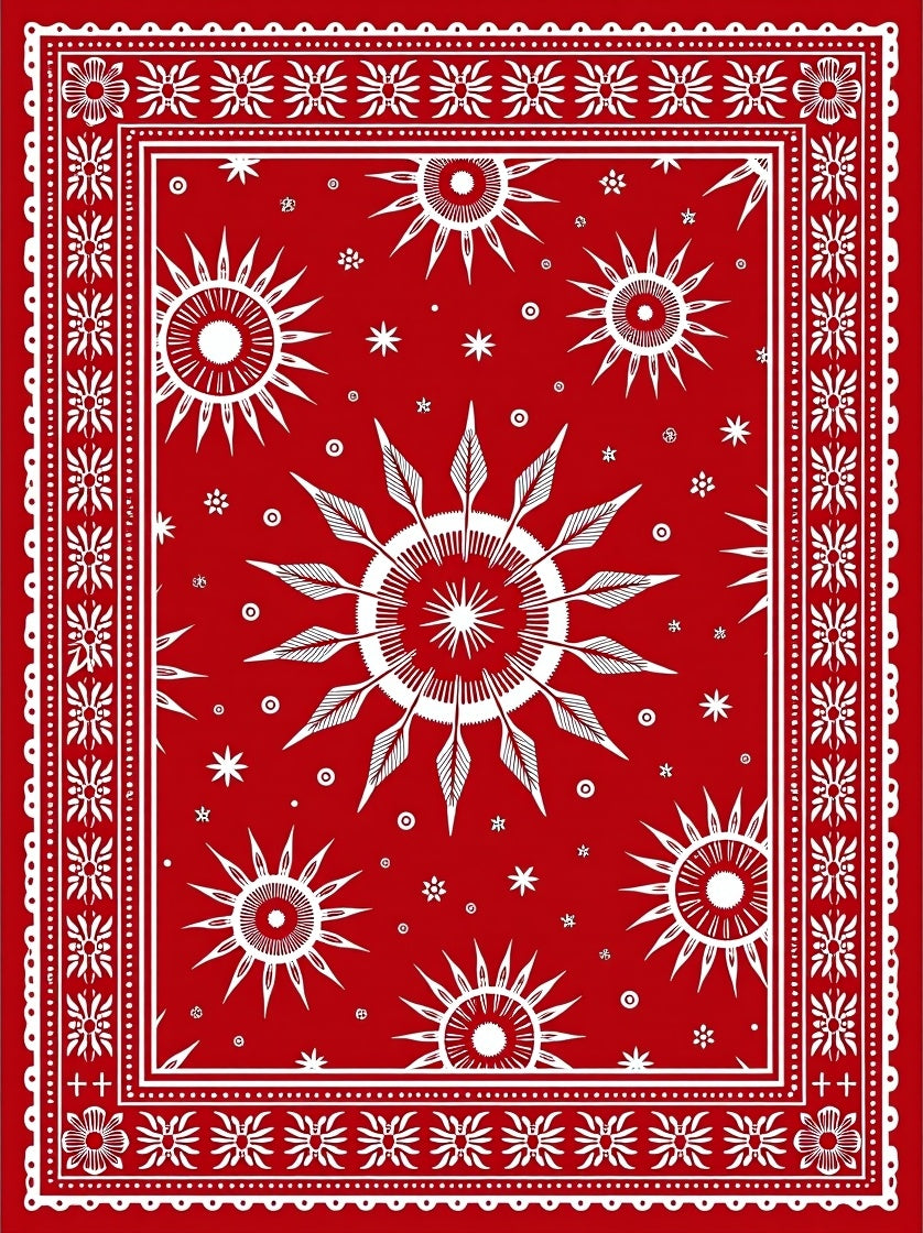 Vibrant Red Sunburst Mandala Border Rug
