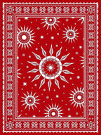 Vibrant Red Sunburst Mandala Border Rug