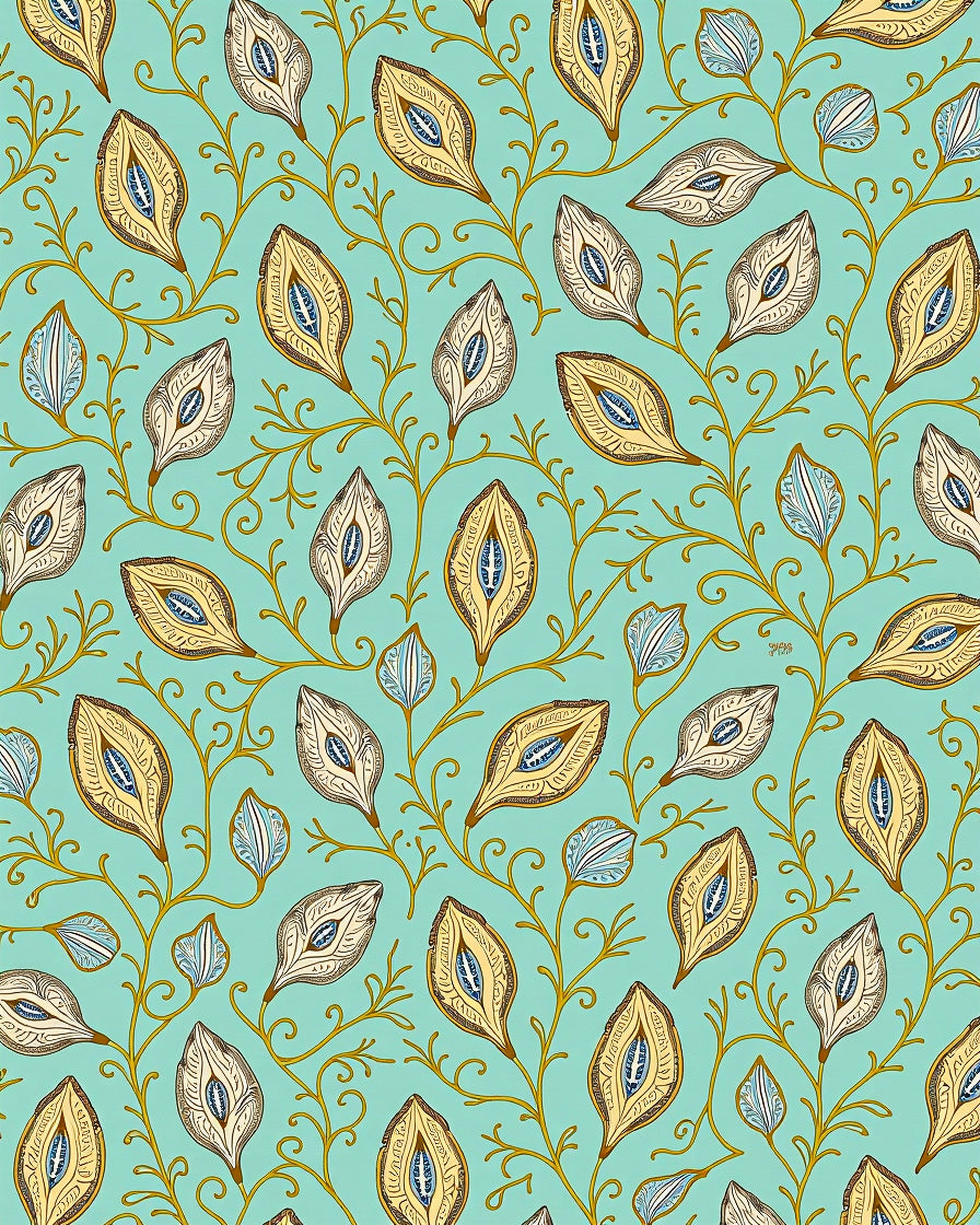 Teal Gold Leafy Vine Elongated Almonds Rug