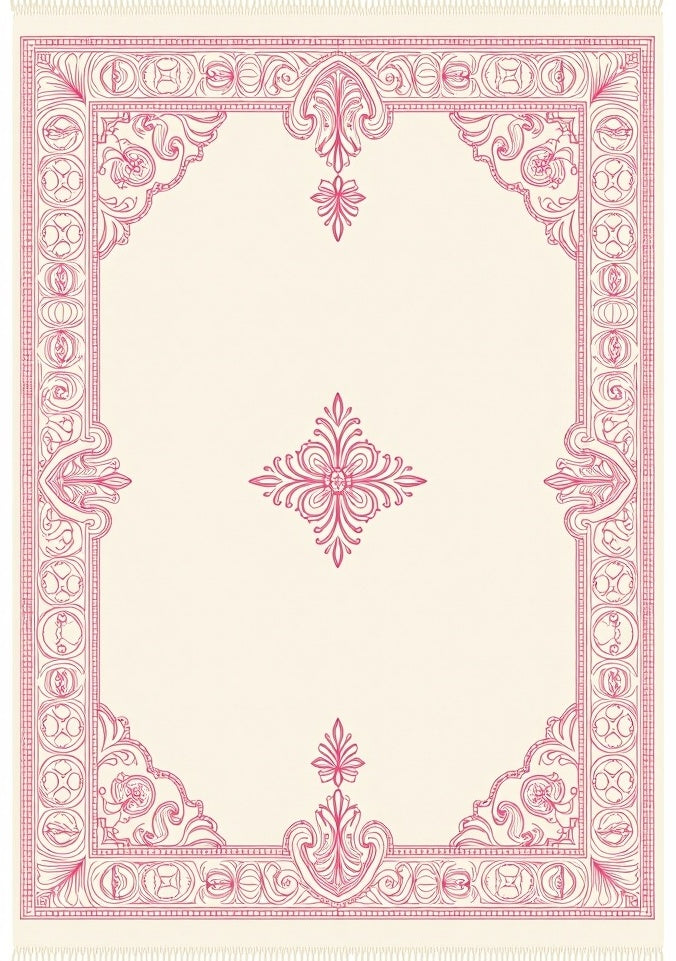 Cream Pink Ornate Scroll Medallion Rug