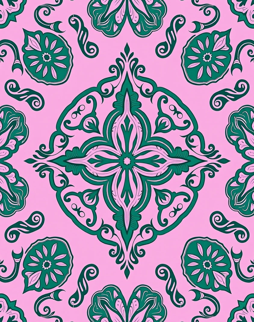 Elegant Pink Emerald Floral Scroll Rug